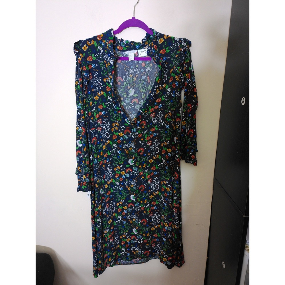 H&M Floral Midi Dress Womens 10 Navy Blue Ruffle V-Neck Whimsical Cottagecore
